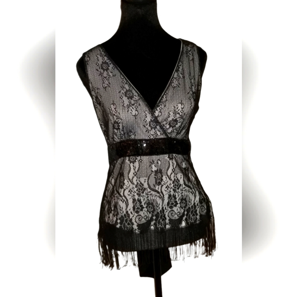 Beautiful Fave Black lace over white top with tie waist & fringe hemline.